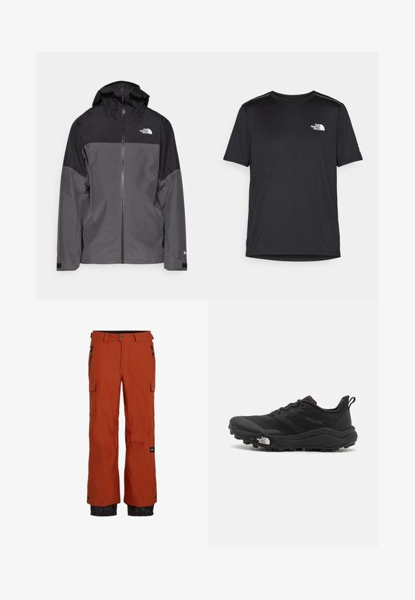 Chaqueta impermeable gris con sección superior negra, cierre frontal con cremallera, capucha ajustable y puños elásticos. Presenta un logo en el pecho y la manga.; Camiseta negra de manga corta hecha de tejido ligero. Presenta un pequeño logo blanco en el lado izquierdo del pecho y sutiles acentos en los hombros.; Pantalones de esquí impermeables de color naranja oxidado con tejido aislante, dos bolsillos laterales con cremallera, un bolsillo tipo cargo y puños elásticos negros en los tobillos.; Zapatilla de trail running negra con upper texturizado, suela de goma y puntera reforzada. Presenta un collar acolchado y una lengüeta para poner y quitar fácilmente.