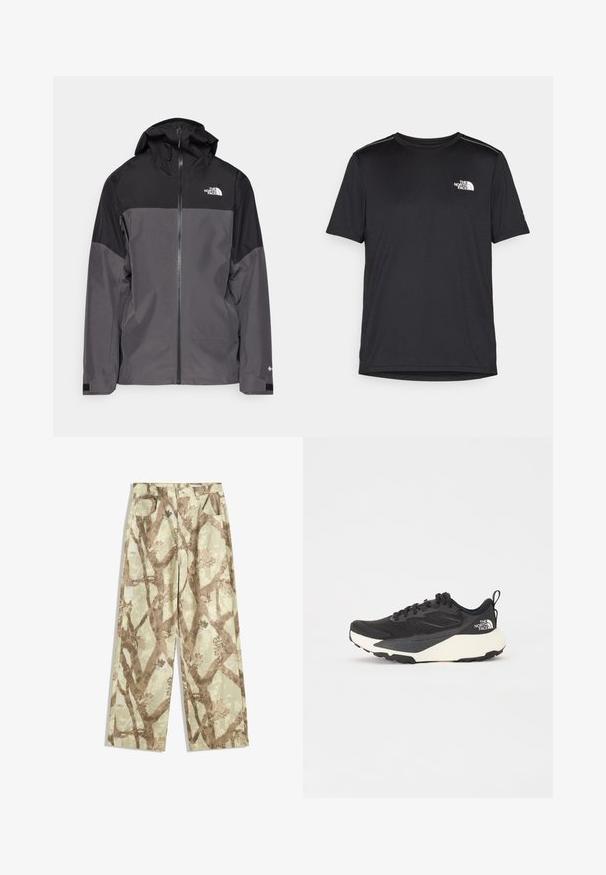 Harmaa vedenpitävä takki, jossa on musta yläosa, vetoketjullinen etuosa, säädettävä huppu ja joustavat hihansuut. Rinnassa ja hihassa on logo.; Mustapaita lyhyillä hihoilla, joka on valmistettu kevyestä kankaasta. Siinä on pieni valkoinen logo vasemmassa rinnassa ja huomaamattomia olkakoristeita.; Housut kevyestä kankaasta vaaleanvihreässä sävyssä, joissa on ruskeita puun oksia kuvaava kuvio, leveät lahkeet ja kaksi etutaskua.; Musta urheilujuoksukenkä, jossa on teksturoitu verkkomateriaali, kiinteät mustat yksityiskohdat ja valkoinen kevyt ulkopohja. Varustettu nauhakiinnityksellä ja vetonipulla.