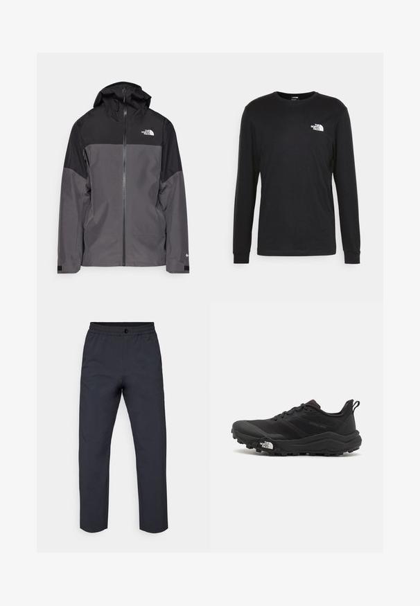 Gray waterproof jacket with a black upper section, zippered front, adjustable hood, and elastic cuffs. Features logo on chest and sleeve.; Black long-sleeve t-shirt made of cotton, featuring a white logo on the left chest and ribbed cuffs. Smooth texture with a crew neckline.; Dark gray trousers made of a smooth fabric. Features a stretchy waistband, a front button closure, and slightly tapered legs.; Black trail running shoe with a textured upper, rubber sole, and reinforced toe cap. Features a padded collar and pull tab for easy wear.