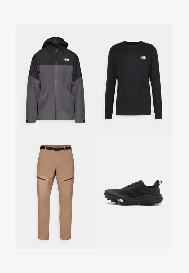 Szara wodoodporna kurtka z czarną górną częścią, zapinana na zamek, z regulowanym kapturem i elastycznymi mankietami. Posiada logo na klatce piersiowej i rękawie.; Czarny longsleeve t-shirt wykonany z bawełny, z białym logo na lewej piersi i ściągaczami przy nadgarstkach. Gładka faktura z okrągłym dekoltem.; Beżowe spodnie trekkingowe o prostym kroju, z zamykanymi na zamek bocznymi kieszeniami, wykonanego z trwałego materiału i z czarnym regulowanym paskiem w talii.; Czarne buty do biegania w terenie z teksturowaną cholewką, gumową podeszwą i wzmocnionym noskiem. Posiadają wyściełany kołnierz oraz uchwyt do łatwego zakładania.