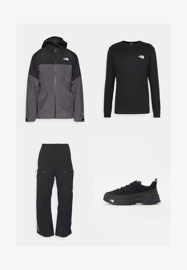 Siva vodootporna jakna s crnim gornjim dijelom, s patentnim zatvaračem sprijeda, podesivim kapuljačom i elastičnim manžetama. Ima logo na prsima i rukavu.; Crna majica dugih rukava od pamuka, s bijelim logotipom na lijevoj strani prsnog koša i rebrastim manžetama. Glatka tekstura s okruglim dekolteom.; Oakley TNP LINED SHELL PANT 2.0 - Snowboard hlače - blackout; Crne vanjske tenisice s gornjim dijelom od antilopa, teksturiranim gumenim potplatom i čvrstim sustavom vezanja. Imaju ojačan petni deo i logo brenda sa strane.