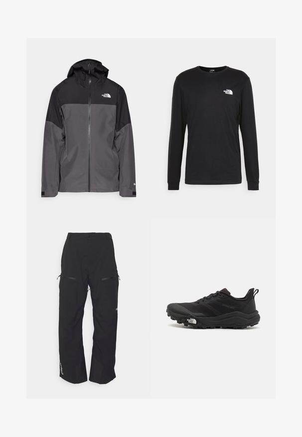 Hallide hall matroos jope, millel on must ülemine osa, lukuga esiosa, reguleeritav kapuuts ja elastsed varrukad. Selles on rinnal ja varrukal logo.; Musthave musta pika varrukatega t-särk, mis on valmistatud puuvillast. Esiplaanil on valge logo vasaku rinna kohal ning ribitekkide detailid. Särk on sileda tekstuuriga ja ümar lõikega kaelusega.; Oakley TNP LINED SHELL PANT 2.0 - Lumelauapüksid - blackout; Must tume jooksujalats musta värvi, tekstuurse ülemise osaga, kummist tallaga ja tugevdatud varbaga. Omab pehmendusega krae ja tõmblinti mugavaks selga panemiseks.