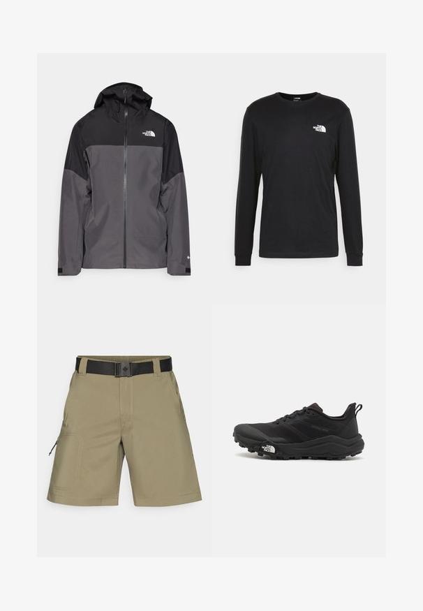 Pilkas vandeniui atsparus švarkas su juodu viršutiniu įdėklu, užtrauktuku priekyje, reguliuojamu gaubtu ir elastingomis rankovėmis. Yra logotipas ant krūtinės ir rankovės.; Juoda džemperis ilgomis rankovėmis, pagamintas iš medvilnės, su baltu logotipu kairėje krūtinės pusėje ir pūstomis rankogaliais. Lygus paviršius su apykakle.; Šviesiai chaki spalvos krovinių šortai su juodu reguliuojamu diržu, šoninėmis kišenėmis ir užtrauktuku uždaroma kišene, pagaminti iš lygaus, patvaraus audinio.; Juoda bėgimo batai su tekstūruotu paviršiumi, guma padais ir sustiprinta pirštų dalimi. Yra paminkštinta apykaklė ir kilpos, leidžiančios lengvai užsidėti.