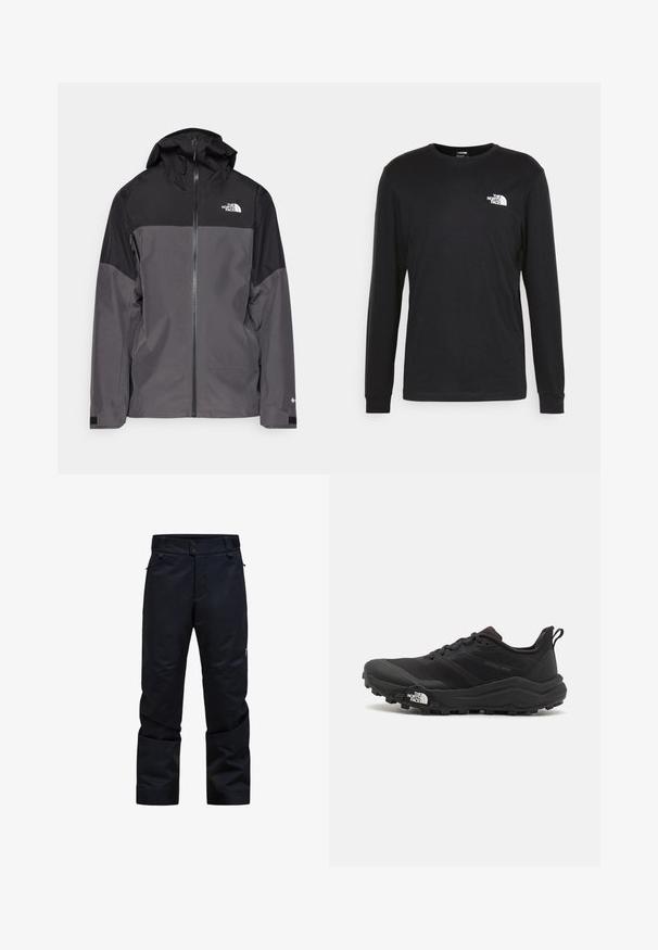 Γκρίζα αδιάβροχη ζακέτα με μαύρο πάνω τμήμα, με φερμουάρ μπροστά, ρυθμιζόμενη κουκούλα και ελαστικούς καρπούς. Περιλαμβάνει λογότυπο στο στήθος και στο μανίκι.; Μαύρη μπλούζα με μακριά μανίκια από βαμβάκι, με λευκό λογότυπο στο αριστερό στήθος και ριμπ μανσέτες. Λείος υφασμάτινος χαρακτήρας με στρογγυλή λαιμόκοψη.; Μαύρο αδιάβροχο παντελόνι με ίσια γραμμή, κλείσιμο με δύο κουμπιά, τσέπες με φερμουάρ και ρυθμιζόμενη μέση. Διαθέτει λείο, ανθεκτικό ύφασμα.; Μαύρο αθλητικό παπούτσι τρεξίματος με υφασμάτινο άνω μέρος, καουτσούκ σόλα και ενισχυμένη μύτη. Διαθέτει επενδεδυμένο κολάρο και θηλιά στα πίσω για εύκολη φορεσιά.