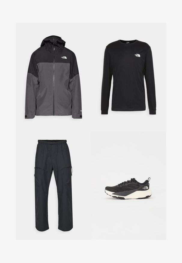 Pilkas vandeniui atsparus švarkas su juodu viršutiniu įdėklu, užtrauktuku priekyje, reguliuojamu gaubtu ir elastingomis rankovėmis. Yra logotipas ant krūtinės ir rankovės.; Juoda džemperis ilgomis rankovėmis, pagamintas iš medvilnės, su baltu logotipu kairėje krūtinės pusėje ir pūstomis rankogaliais. Lygus paviršius su apykakle.; Juodos cargo kelnės su elastinga juosmens juosta, dviem užtrauktukais uždaromomis kišenėmis ir lengva, lygaus audinio tekstūra.; Juodas sportinis batelis su tekstūruotu tinkleliu, solidžiai juodais akcentais ir lengvu baltu padu. Yra raištelių uždarymas ir trauktukas.