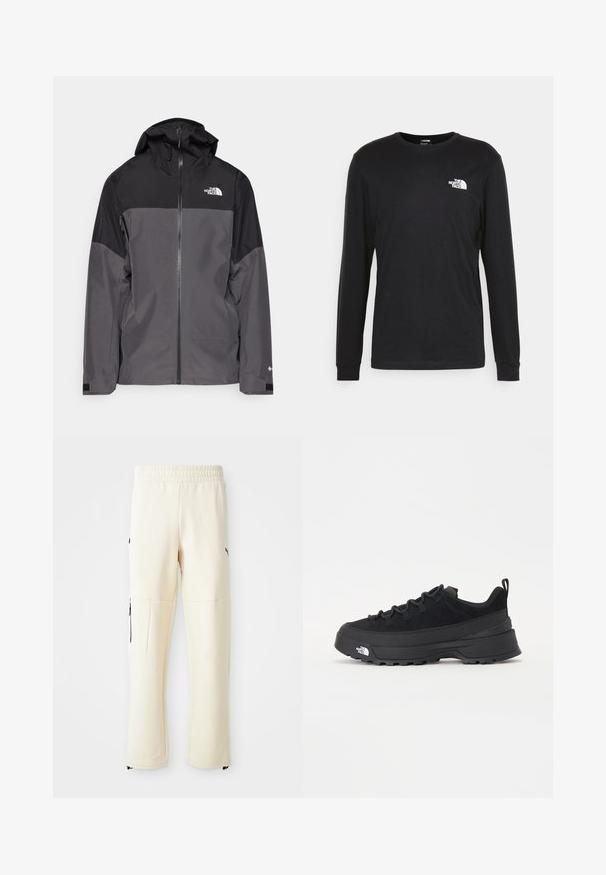 Pilkas vandeniui atsparus švarkas su juodu viršutiniu įdėklu, užtrauktuku priekyje, reguliuojamu gaubtu ir elastingomis rankovėmis. Yra logotipas ant krūtinės ir rankovės.; Juoda džemperis ilgomis rankovėmis, pagamintas iš medvilnės, su baltu logotipu kairėje krūtinės pusėje ir pūstomis rankogaliais. Lygus paviršius su apykakle.; Šviesiai smėliniai sportiniai kelnių pagaminti iš minkštos medžiagos. Yra juodas logotipas, šoniniai kišenės su užtrauktukais ir laisvas siluetas.; Juodas lauko sportinis batelis su zomšiniu viršumi, tekstūruota guma padais ir tvirtas raištelių sistema. Yra sustiprinta kulno dalis ir prekės ženklo logotipas šone.