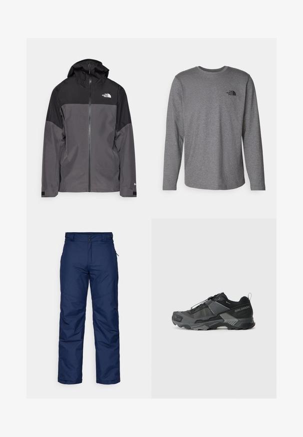Grijze waterdichte jas met een zwart bovenstuk, een rits aan de voorkant, een verstelbare capuchon en elastische manchetten. Bevat logo op de borst en de mouw.; The North Face M L/S SIMPLE DOME TEE - Longsleeve - medium grey heather; Donkerblauwe geïsoleerde sneeuwbroek met een recht gesneden design, voorzien van twee voorste knopen, zijzakken en een gladde, gestructureerde stof.; Zwarte trailhardloopschoenen met een duurzame mesh bovenkant, versterkte neuskap, gestructureerde rubberen zool en elastisch vetersysteem voor een veilige pasvorm.