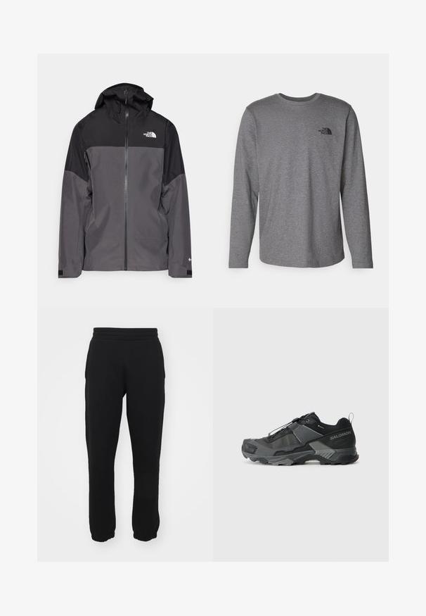 Grijze waterdichte jas met een zwart bovenstuk, een rits aan de voorkant, een verstelbare capuchon en elastische manchetten. Bevat logo op de borst en de mouw.; The North Face M L/S SIMPLE DOME TEE - Longsleeve - medium grey heather; Zwarte sweatpants van een katoenmix, met een elastische tailleband, taps toelopende benen en ribgebreide boorden bij de enkels. Eenvoudig ontwerp, zonder patronen.; Zwarte trailhardloopschoenen met een duurzame mesh bovenkant, versterkte neuskap, gestructureerde rubberen zool en elastisch vetersysteem voor een veilige pasvorm.