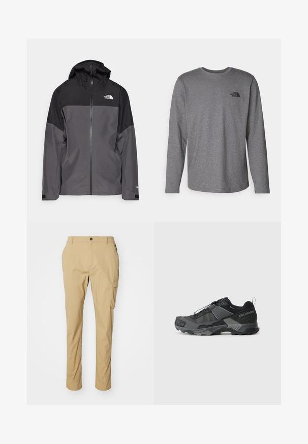 Harmaa vedenpitävä takki, jossa on musta yläosa, vetoketjullinen etuosa, säädettävä huppu ja joustavat hihansuut. Rinnassa ja hihassa on logo.; The North Face M L/S SIMPLE DOME TEE - Pitkähihainen paita - medium grey heather; Kahaki cargo-housut, jotka on valmistettu kevyestä kankaasta, suoran leikkauksen omaavat, joissa on sivutaskut ja nappikiinnitys vyötäröllä.; Mustat maastohiihtokengät, joissa on kestävä verkkokansi, vahvistettu varvaskuppi, teksturoitu kumipohja ja joustava nauhajärjestelmä varman istuvuuden takaamiseksi.