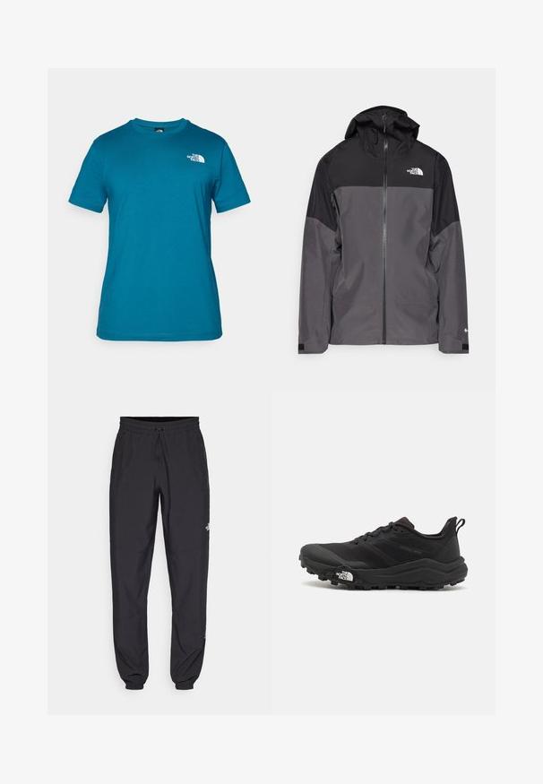 Gray waterproof jacket with a black upper section, zippered front, adjustable hood, and elastic cuffs. Features logo on chest and sleeve.; Teal short-sleeve t-shirt made of soft cotton, featuring a white logo printed on the left chest and a classic crew neck design.; Black athletic pants made from lightweight fabric, featuring a drawstring waistband, side pockets, and tapered cuffs at the ankles.; Black trail running shoe with a textured upper, rubber sole, and reinforced toe cap. Features a padded collar and pull tab for easy wear.