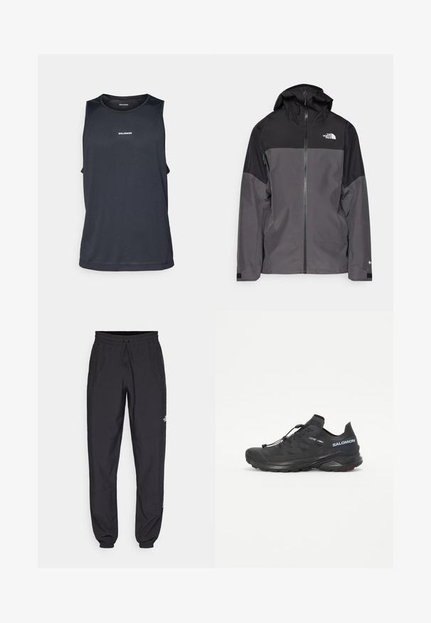 Gray waterproof jacket with a black upper section, zippered front, adjustable hood, and elastic cuffs. Features logo on chest and sleeve.; Men's sleeveless athletic shirt in dark navy, made of breathable fabric with a textured finish and reflective logo detail on the front.; Black athletic pants made from lightweight fabric, featuring a drawstring waistband, side pockets, and tapered cuffs at the ankles.; Black trail running shoe with a textured upper, elastic laces, and Contagrip outsole. Features a snug fit and protective toe cap.