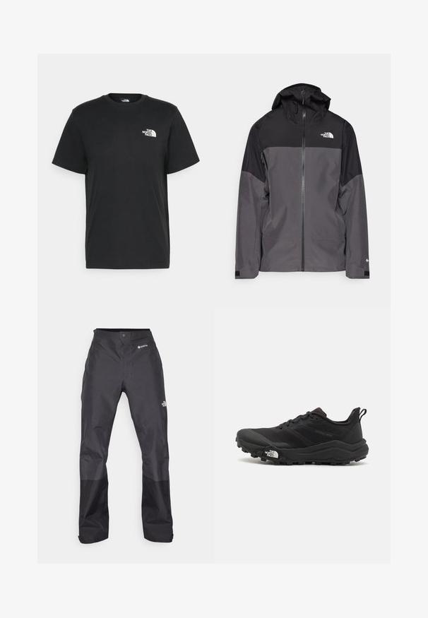 Siva vodoodbojna jakna z črnim zgornjim delom, zadrgo spredaj, nastavljivo kapuco in elastičnimi manšetami. Ima logotip na prsih in rokavih.; Črna bombažna majica s kratkimi rokavi, okroglim izrezom in majhnim belim logotipom na levem prsnem delu. Preprost dizajn, gladka tekstura in sproščen kroj.; Črne vodoodporne hlače z gladko teksturo, z logotipom GORE-TEX spredaj in okrepjenimi spodnjimi nogami za povečano vzdržljivost.; Črne tekaške čevlje za trail s teksturirano zgornjega dela, gumijastim podplatom in ojačanim zaključkom prstov. Vključuje oblazinjen ovratnik in zanko za enostavno obuvanje.