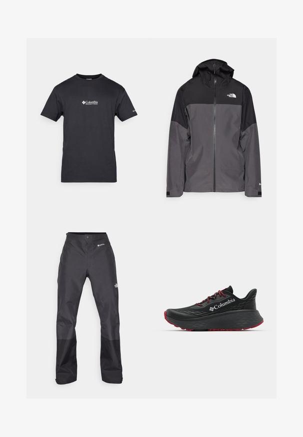 Šedá nepromokavá bunda s černou horní částí, zipem vpředu, nastavitelnou kapucí a elastickými manžetami. Na hrudi a rukávu je logo.; Columbia BASIC LOGO™ SHORT SLEEVE - Triko s potiskem - black; Černé voděodolné kalhoty s hladkou texturou, na přední straně s logem GORE-TEX a s zesílenými dolními nohavicemi pro větší odolnost.; Černá sportovní bota s texturovaným svrškem, červenými tkaničkami a logem. Silná podrážka s vzorovaným dezénem pro lepší trakci. Minimalistický design, boční pohled.