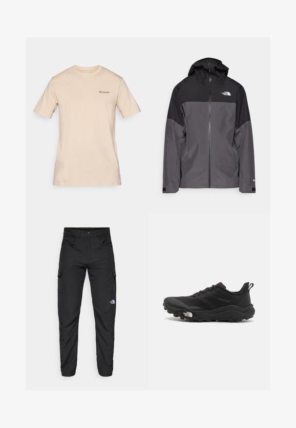 Gray waterproof jacket with a black upper section, zippered front, adjustable hood, and elastic cuffs. Features logo on chest and sleeve.; Beige short-sleeve t-shirt made of cotton, featuring a small black Columbia logo on the left chest. Standard crew neck design.; The North Face HORIZON PANT - Outdoor trousers - black; Black trail running shoe with a textured upper, rubber sole, and reinforced toe cap. Features a padded collar and pull tab for easy wear.