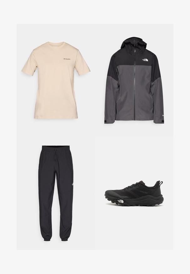 Casaco impermeável cinza com uma seção superior preta, fecho éclair à frente, capuz ajustável e punhos elásticos. Apresenta um logo no peito e na manga.; T-shirt bege de mangas curtas feito de algodão, com um pequeno logótipo preto da Columbia no lado esquerdo do peito. Design clássico de decote redondo.; Calças atléticas pretas feitas de tecido leve, com um cós ajustável por cordão, bolsos laterais e punhos afunilados nos tornozelos.; Sapatilha de trail running preta com um upper texturizado, sola de borracha e biqueira reforçada. Possui um colarinho acolchoado e uma alça para facilitar o calçar.