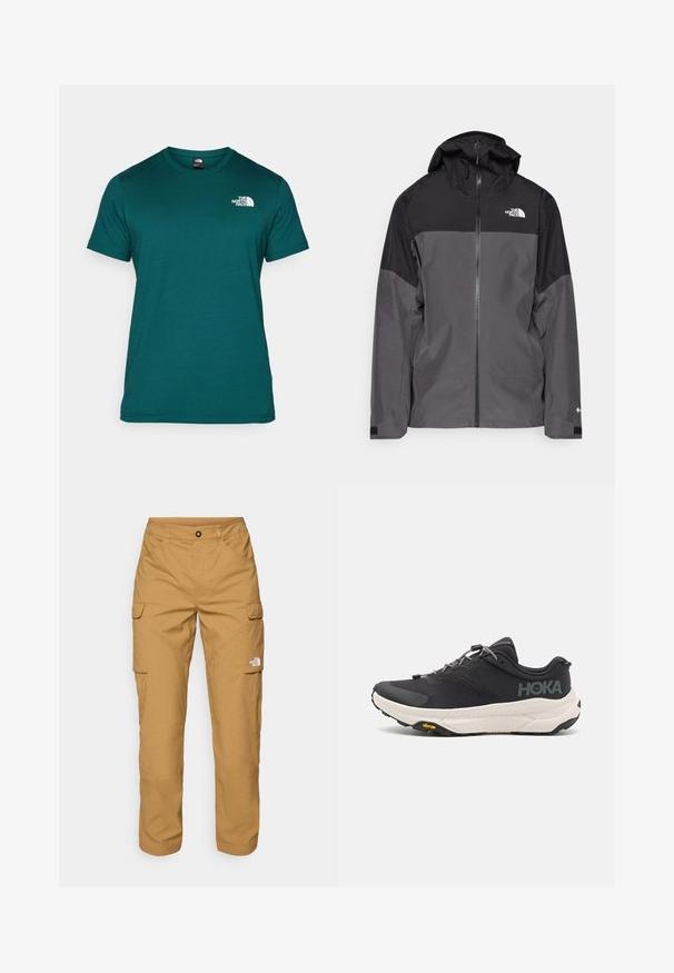Šedá nepremokavá bunda s čiernou hornou časťou, so zipsom vpredu, nastaviteľnou kapucňou a elastickými manžetami. Obsahuje logo na hrudi a rukáve.; Tyrkysové tričko s krátkym rukávom vyrobené z mäkkého materiálu. Má okrúhly výstrih a biele logo na Ľavej hrudnej oblasti. Bez viditeľných vzorov alebo akcentov.; The North Face EXPLORATION PANTS - Kapsáče - utility brown; Čierne športové topánky s textúrovaným zvrškom, sivými akcentmi, reflexnými detailmi a hrubou bielou podrážkou s logom Vibram.