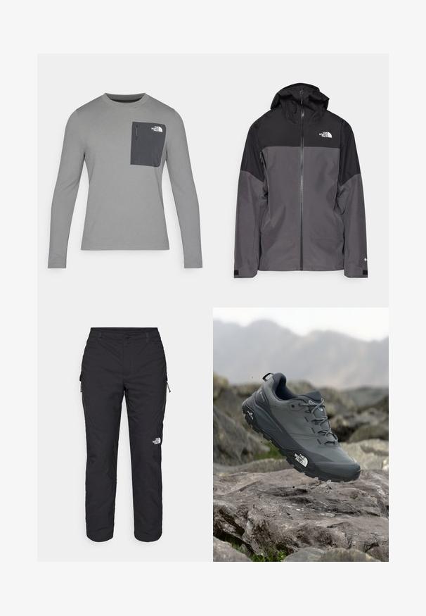 Szürke vízálló dzseki fekete felső résszel, cipzáros elülső rész, állítható kapucni és rugalmas mandzsetta. A mellkason és az ujjon logóval ellátva.; Hosszú ujjú szürke ing, texturált anyagból, sötétszürke mellzsebbel és cipzárral. A zsebén fehér logó található.; The North Face WINTER EXPLORATION TAPERED CARGO - Szabadtéri nadrágok - black; Szürke terepfutó cipő, texturált felsőrésszel, tartós gumitalppal és megerősített orr résszel. Fekete fűzők és márka logó a cipő oldalán.