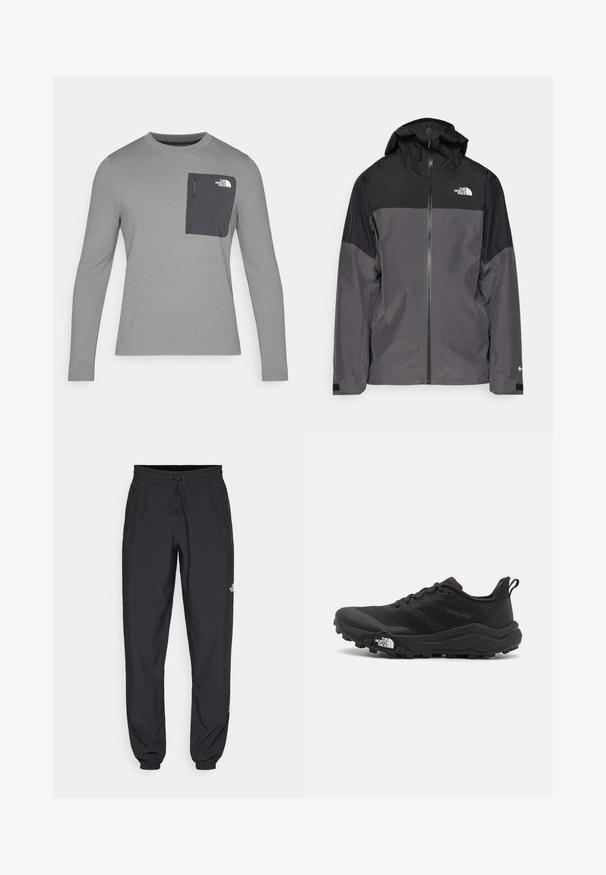 Siva vodoodbojna jakna z črnim zgornjim delom, zadrgo spredaj, nastavljivo kapuco in elastičnimi manšetami. Ima logotip na prsih in rokavih.; Siva srajca z dolgimi rokavi z teksturirano tkanino, ki ima temnosivo žep na prsih in zadrgo. Logotip na žepu je bel.; Črne atletske hlače iz lahkega materiala, ki imajo elastični pas z vezalko, stranske žepe in zožene manšete na gležnjih.; Črne tekaške čevlje za trail s teksturirano zgornjega dela, gumijastim podplatom in ojačanim zaključkom prstov. Vključuje oblazinjen ovratnik in zanko za enostavno obuvanje.