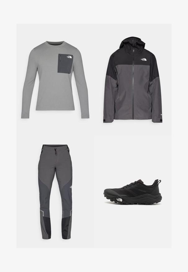 Gray waterproof jacket with a black upper section, zippered front, adjustable hood, and elastic cuffs. Features logo on chest and sleeve.; Long-sleeve gray shirt with textured fabric, featuring a dark gray chest pocket and a zip closure. Logo on pocket in white.; Grey hiking pants featuring a tapered design, multiple pockets, and contrasting dark grey and black accents. Made from a flexible, durable material.; Black trail running shoe with a textured upper, rubber sole, and reinforced toe cap. Features a padded collar and pull tab for easy wear.