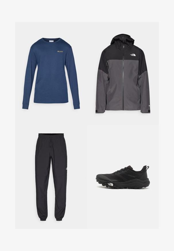 Gray waterproof jacket with a black upper section, zippered front, adjustable hood, and elastic cuffs. Features logo on chest and sleeve.; Navy long-sleeve shirt made of cotton blend. Features a crew neckline and a small embroidered logo on the chest. Smooth texture.; Black athletic pants made from lightweight fabric, featuring a drawstring waistband, side pockets, and tapered cuffs at the ankles.; Black trail running shoe with a textured upper, rubber sole, and reinforced toe cap. Features a padded collar and pull tab for easy wear.
