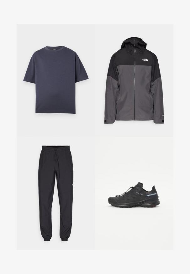 Gray waterproof jacket with a black upper section, zippered front, adjustable hood, and elastic cuffs. Features logo on chest and sleeve.; Navy blue short-sleeve T-shirt made of soft cotton blend. Round neckline, relaxed fit, featuring a subtle embossed logo on the chest.; Black athletic pants made from lightweight fabric, featuring a drawstring waistband, side pockets, and tapered cuffs at the ankles.; Black trail running shoe with a textured upper, elastic laces, and Contagrip outsole. Features a snug fit and protective toe cap.