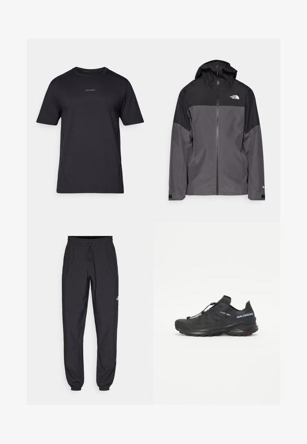 Pilkas vandeniui atsparus švarkas su juodu viršutiniu įdėklu, užtrauktuku priekyje, reguliuojamu gaubtu ir elastingomis rankovėmis. Yra logotipas ant krūtinės ir rankovės.; Juodas sportinis marškinėlis, pagamintas iš lengvo audinio, turintis apvalią iškirptę, trumpas rankoves ir subtilų logotipą krūtinėje.; Juodos sportinės kelnės, pagamintos iš lengvos medžiagos, su raišteliu liemens srityje, šoniniais kišenėmis ir siaurėjantys apykaklės prie kulkšnies.; Juodas taktinės bėgimo batelis su tekstūruotu viršumi, elastinėmis raištelėmis ir Contagrip padu. Turi tvirtą prigludimą ir apsauginį kojų dangtelį.