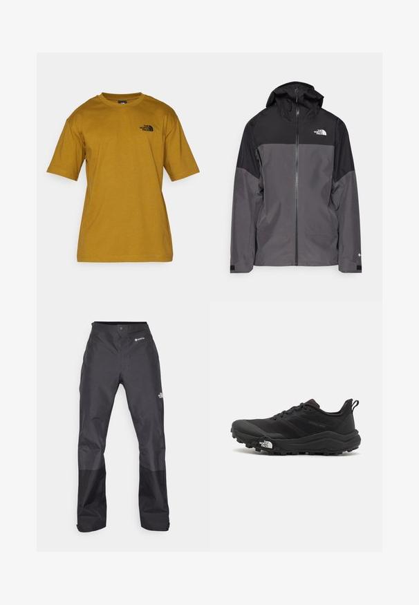 Pelēks ūdensnecaurlaidīgs mētelis ar melnu augšējo daļu, ar rāvējslēdzēja priekšpusi, regulējamu kapuci un elastīgām aprocēm. Iekļauj logotipu uz krūtīm un piedurknēm.; The North Face M SS ESSENTIAL OVERSIZE TEE - Apdrukāts T-krekls - moss green; Melni ūdensnecaurlaidīgi bikses ar gludu tekstūru, ar GORE-TEX logo priekšpusē un pastiprinātiem apakšējiem matiņiem izturībai.; Melnas taku skriešanas kurpes ar teksturētu virsu, gumijas zoli un pastiprinātu pirkstu daļu. Aprīkotas ar mīkstu apkakli un vilkšanas cilpu, lai viegli uzvilktu.