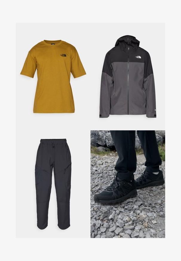 Šedá nepromokavá bunda s černou horní částí, zipem vpředu, nastavitelnou kapucí a elastickými manžetami. Na hrudi a rukávu je logo.; The North Face M SS ESSENTIAL OVERSIZE TEE - Triko s potiskem - moss green; Černé cargo kalhoty vyrobené z lehkého, voděodolného materiálu; mají elastický pas, několik kapes na zip a zúžené nohavice.; Černé venkovní boty z prodyšného a syntetického materiálu, s texturovaným svrškem, bezpečným šněrovacím systémem a robustní podrážkou, na skalnatém terénu.
