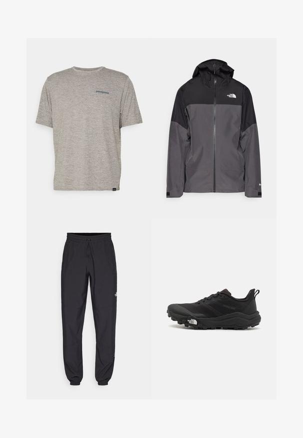Siva vodoodbojna jakna z črnim zgornjim delom, zadrgo spredaj, nastavljivo kapuco in elastičnimi manšetami. Ima logotip na prsih in rokavih.; Siva majica s kratkimi rokavi iz mehkega, strukturiranega blaga, na levi strani prsnega dela z majhnim modrim logotipom Patagonia. Brez dodatnih vzorcev.; Črne atletske hlače iz lahkega materiala, ki imajo elastični pas z vezalko, stranske žepe in zožene manšete na gležnjih.; Črne tekaške čevlje za trail s teksturirano zgornjega dela, gumijastim podplatom in ojačanim zaključkom prstov. Vključuje oblazinjen ovratnik in zanko za enostavno obuvanje.