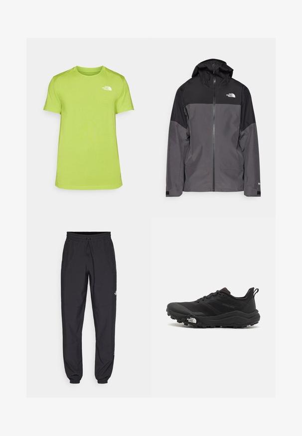 Hallide hall matroos jope, millel on must ülemine osa, lukuga esiosa, reguleeritav kapuuts ja elastsed varrukad. Selles on rinnal ja varrukal logo.; Lime roheline lühikeste varrukatega T-särk, mis on valmistatud niiskust eemaldavast kangast, millel on väike valge logo vasakul rinnal ja ümar kaelus.; Mustavad sportlikud püksid, mis on valmistatud kergest kangast, joonlauaga taljest, küljetaskudega ja kitsenevate varrukatega pahkluude juures.; Must tume jooksujalats musta värvi, tekstuurse ülemise osaga, kummist tallaga ja tugevdatud varbaga. Omab pehmendusega krae ja tõmblinti mugavaks selga panemiseks.