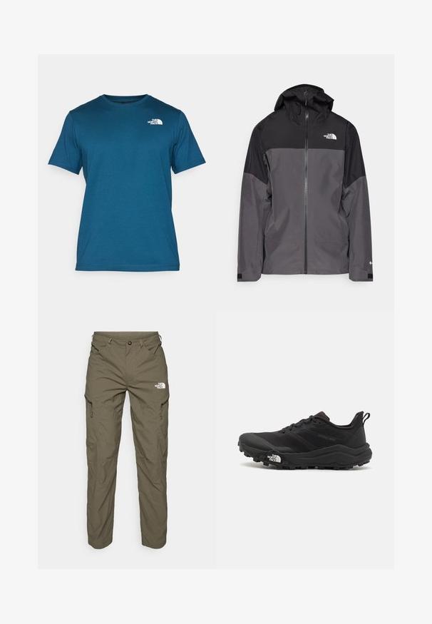 Pilkas vandeniui atsparus švarkas su juodu viršutiniu įdėklu, užtrauktuku priekyje, reguliuojamu gaubtu ir elastingomis rankovėmis. Yra logotipas ant krūtinės ir rankovės.; The North Face M SS BOX NSE TEE - Marškinėliai su spaudiniu - midnight petrol/red; Alyvuogių žalios spalvos lauko kelnės, pagamintos iš lengvos medžiagos, su šoninėmis kišenėmis, užtrauktuko akcentais ir logotipu ant šlaunies.; Juoda bėgimo batai su tekstūruotu paviršiumi, guma padais ir sustiprinta pirštų dalimi. Yra paminkštinta apykaklė ir kilpos, leidžiančios lengvai užsidėti.