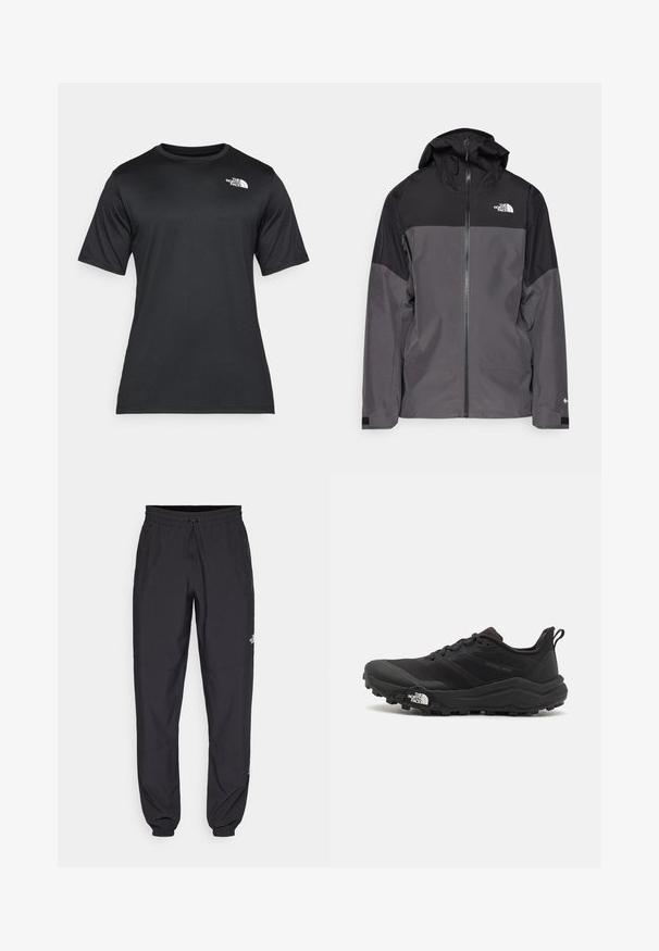 Hallide hall matroos jope, millel on must ülemine osa, lukuga esiosa, reguleeritav kapuuts ja elastsed varrukad. Selles on rinnal ja varrukal logo.; Must räpaseda must t-särk, mis on valmistatud kerge, niiskust eemal hoidvast kangast. Vasakul rinnal on valge logo ja ümar kaelus.; Mustavad sportlikud püksid, mis on valmistatud kergest kangast, joonlauaga taljest, küljetaskudega ja kitsenevate varrukatega pahkluude juures.; Must tume jooksujalats musta värvi, tekstuurse ülemise osaga, kummist tallaga ja tugevdatud varbaga. Omab pehmendusega krae ja tõmblinti mugavaks selga panemiseks.