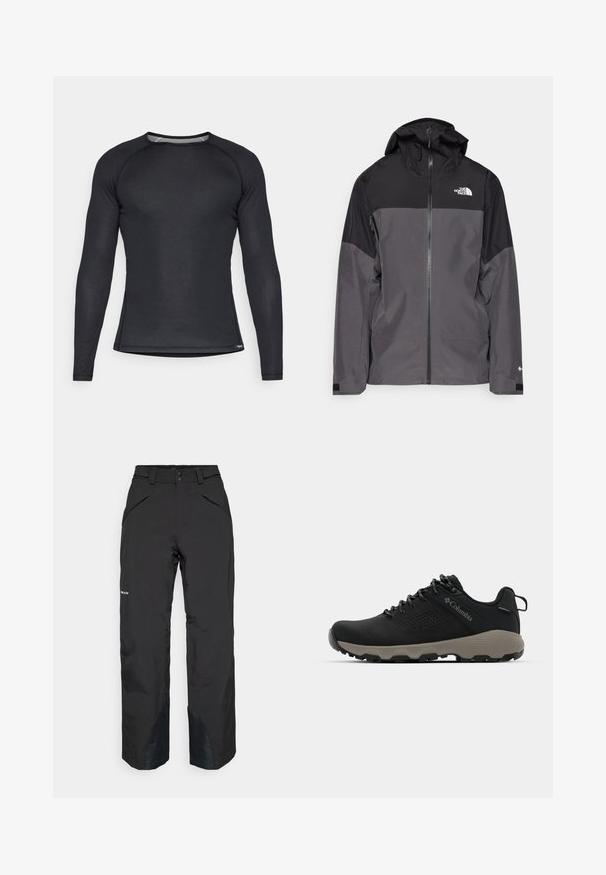 Grå vattentät jacka med svart övre del, dragkedja fram, justerbar huva och elastiska ärmslut. Har logotyp på bröstet och ärmen.; Svart långärmad träningsskjorta i texturerat material med rundad halsringning och mesh-accenter vid kragen, figurnära design för att underlätta rörelse.; Svarta vattentäta byxor med rak passform, med zippered fickor, förstärkta kantdetaljer och en slät texturerad finish.; Svart vandringsskor med en slät överdel, perforerat mönster, grå sula och förstärkt häl. Har snörning och en dragflik för enkel påtagning.