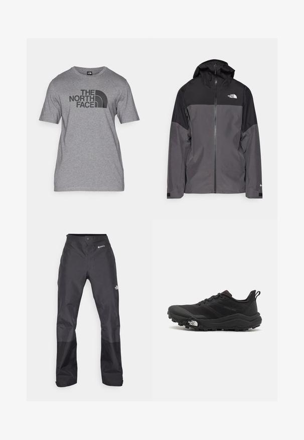 Gray waterproof jacket with a black upper section, zippered front, adjustable hood, and elastic cuffs. Features logo on chest and sleeve.; Gray short-sleeve t-shirt made of cotton blend, featuring a black graphic print of "THE NORTH FACE" and a curved logo detail on the front.; Black waterproof pants with a smooth texture, featuring a GORE-TEX logo on the front, and reinforced lower legs for durability.; Black trail running shoe with a textured upper, rubber sole, and reinforced toe cap. Features a padded collar and pull tab for easy wear.