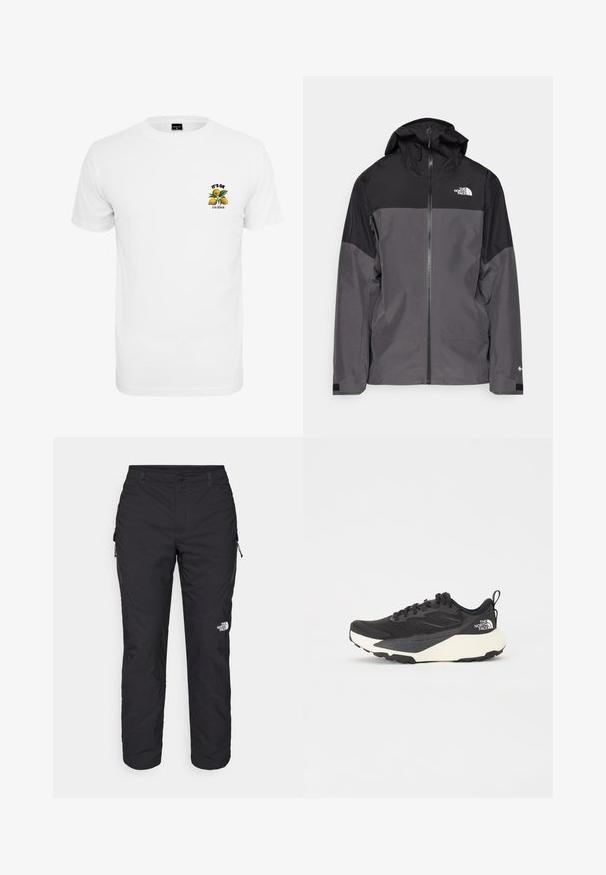 Pilkas vandeniui atsparus švarkas su juodu viršutiniu įdėklu, užtrauktuku priekyje, reguliuojamu gaubtu ir elastingomis rankovėmis. Yra logotipas ant krūtinės ir rankovės.; Balta medvilnė T-palaidinė su priekinio grafiko atvaizdu citrinų ir tekstu: "Normalu būti kitokiam." Klasikinis apvalus kaklas ir trumpomis rankovėmis.; The North Face WINTER EXPLORATION TAPERED CARGO - Lauko kelnės - black; Juodas sportinis batelis su tekstūruotu tinkleliu, solidžiai juodais akcentais ir lengvu baltu padu. Yra raištelių uždarymas ir trauktukas.