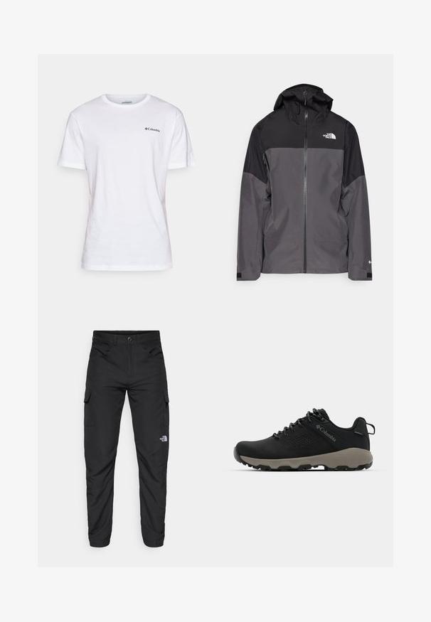 Pilkas vandeniui atsparus švarkas su juodu viršutiniu įdėklu, užtrauktuku priekyje, reguliuojamu gaubtu ir elastingomis rankovėmis. Yra logotipas ant krūtinės ir rankovės.; Columbia NORTH CASCADES™ SHORT SLEEVE TEE - Marškinėliai su spaudiniu - white; The North Face HORIZON PANT - Lauko kelnės - black; Juodas žygio batukas su lygiu viršumi, perforuotu dizainu, pilku padu ir sustiprintu kulnu. Yra raišteliai ir kilputė, skirta patogiam užsivilkimui.
