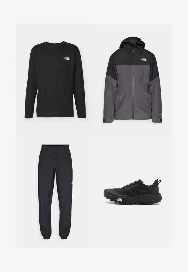 Gray waterproof jacket with a black upper section, zippered front, adjustable hood, and elastic cuffs. Features logo on chest and sleeve.; Long-sleeve black t-shirt made of cotton, featuring a white logo of The North Face on the left chest. Simple crew neck design.; Black athletic pants made from lightweight fabric, featuring a drawstring waistband, side pockets, and tapered cuffs at the ankles.; Black trail running shoe with a textured upper, rubber sole, and reinforced toe cap. Features a padded collar and pull tab for easy wear.