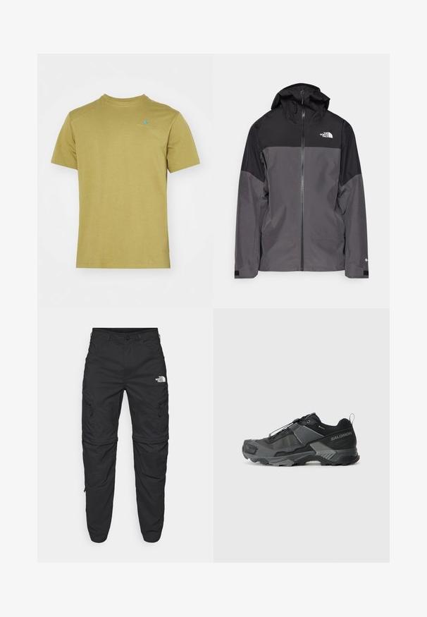 Šedá nepremokavá bunda s čiernou hornou časťou, so zipsom vpredu, nastaviteľnou kapucňou a elastickými manžetami. Obsahuje logo na hrudi a rukáve.; Klättermusen ROOT LOGO TEE - Základné tričko - meadow green; The North Face EXPLORATION TAPERED CONVERTIBLE - Outdoorové nohavice - black; Čierna trailová bežecká obuv s odolným sieťovým vrchom, zosilneným špičkou, štruktúrovanou gumovou podrážkou a elastickým šnurovacím systémom pre bezpečné uchytenie.