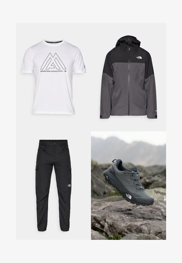 Harmaa vedenpitävä takki, jossa on musta yläosa, vetoketjullinen etuosa, säädettävä huppu ja joustavat hihansuut. Rinnassa ja hihassa on logo.; Valkoinen lyhythihainen T-paita, jossa on musta geometrinen logo, jossa lukee "MOUNTAIN ATHLETICS" etupuolella. Valmistettu sileästä, kevyestä kankaasta.; The North Face HORIZON PANT - Ulkohousut - black; Harmaa polkujuoksukenkä, jossa on teksturoitu päällinen, kestävä kumipohja ja vahvistettu varvastoppa. Varustettu nauhoilla ja brändin logolla sivussa.