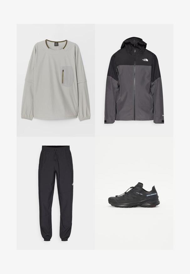 Szara wodoodporna kurtka z czarną górną częścią, zapinana na zamek, z regulowanym kapturem i elastycznymi mankietami. Posiada logo na klatce piersiowej i rękawie.; Jasnoszara, długos rękawowa bluzka z okrągłym dekoltem, elastycznymi mankietami oraz teksturowaną kieszenią z zamkiem błyskawicznym z przodu.; Czarne spodenki sportowe wykonane z lekkiego materiału, z elastycznym pasem na sznurek, bocznymi kieszeniami i zwężanymi mankietami przy kostkach.; Czarne buty do biegania w terenie z teksturowaną cholewką, elastycznymi sznurówkami i podeszwą Contagrip. Charakteryzują się dopasowanym krojem oraz ochronną osłoną palców.