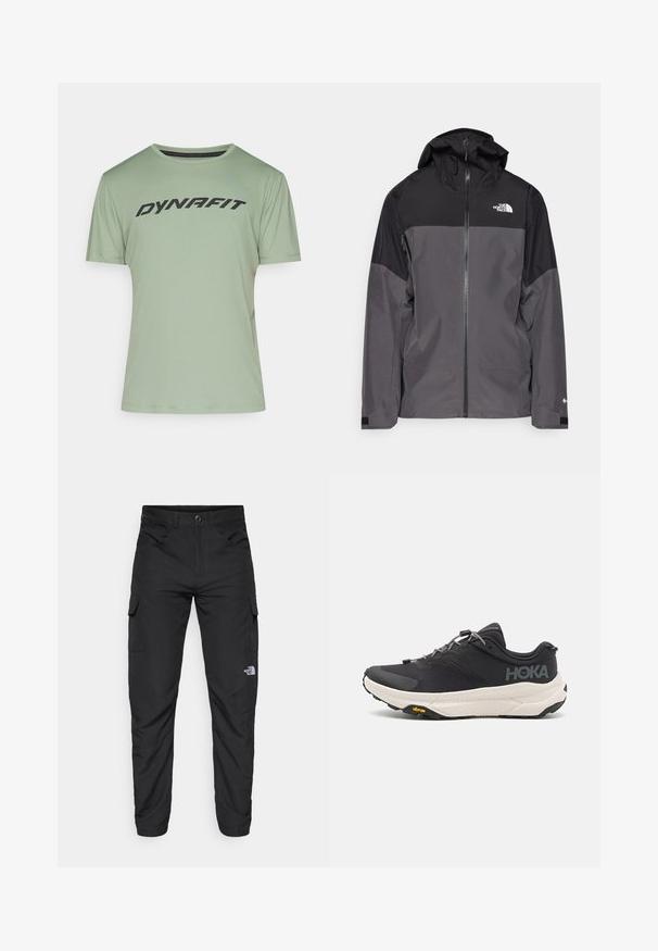 Pilkas vandeniui atsparus švarkas su juodu viršutiniu įdėklu, užtrauktuku priekyje, reguliuojamu gaubtu ir elastingomis rankovėmis. Yra logotipas ant krūtinės ir rankovės.; Šviesiai žalias trumpomis rankovėmis sportinis marškinėlis su apvalia apykakle ir juodu "DYNAFIT" logotipu, spausdintu ant krūtinės. Pagamintas iš lygaus, kvėpuojančio audinio.; The North Face HORIZON PANT - Lauko kelnės - black; Juodos sportinės bateliai su tekstūruota viršutine dalimi, pilkų akcentų, atspindinčiomis detalėmis ir storu baltu padu su Vibram prekės ženklu.