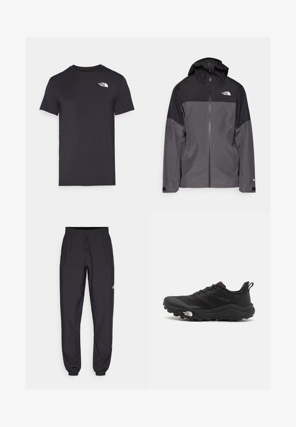 Siva vodoodbojna jakna z črnim zgornjim delom, zadrgo spredaj, nastavljivo kapuco in elastičnimi manšetami. Ima logotip na prsih in rokavih.; Črna majica s kratkimi rokavi iz mehkega materiala, ki ima majhen beli logo na zgornji levi strani. Klasičen klasičen ovratnik in običajen kroj.; Črne atletske hlače iz lahkega materiala, ki imajo elastični pas z vezalko, stranske žepe in zožene manšete na gležnjih.; Črne tekaške čevlje za trail s teksturirano zgornjega dela, gumijastim podplatom in ojačanim zaključkom prstov. Vključuje oblazinjen ovratnik in zanko za enostavno obuvanje.