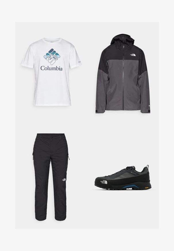 Hallide hall matroos jope, millel on must ülemine osa, lukuga esiosa, reguleeritav kapuuts ja elastsed varrukad. Selles on rinnal ja varrukal logo.; Valge puuvillane T-särk, mille esiosal on sinise ja rohelise mägeteemalise Columbia logo. Lühikesed varrukad, ümmargune kaelus, vabalt istuv lõige.; The North Face WINTER EXPLORATION TAPERED CARGO - Õuepüksid - black; The North Face VERTO ALPINE GORE TEX - Matkajalatsid - asphalt grey/tnf black