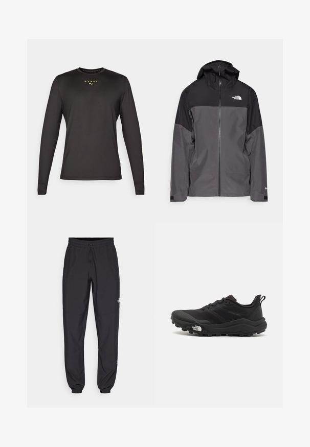 Szara wodoodporna kurtka z czarną górną częścią, zapinana na zamek, z regulowanym kapturem i elastycznymi mankietami. Posiada logo na klatce piersiowej i rękawie.; Czarna koszula z długim rękawem z gładkiego materiału, z okrągłym dekoltem, nadrukowanym logo "HYROX" w fluorescencyjnym żółtym kolorze oraz dopasowanym krojem.; Czarne spodenki sportowe wykonane z lekkiego materiału, z elastycznym pasem na sznurek, bocznymi kieszeniami i zwężanymi mankietami przy kostkach.; Czarne buty do biegania w terenie z teksturowaną cholewką, gumową podeszwą i wzmocnionym noskiem. Posiadają wyściełany kołnierz oraz uchwyt do łatwego zakładania.