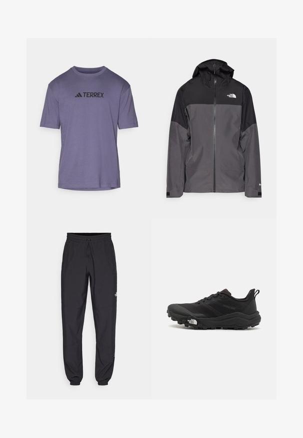 Šedá nepromokavá bunda s černou horní částí, zipem vpředu, nastavitelnou kapucí a elastickými manžetami. Na hrudi a rukávu je logo.; Fialové trikos krátkým rukávem vyrobené z hladké tkaniny, se černým logem "TERREX" napříč hrudníkem a klasickým kulatým výstřihem.; Černé sportovní kalhoty vyrobené z lehké tkaniny, s páskem na šňůrku, bočními kapsami a zúženými manžetami na kotnících.; Černé trailové běžecké boty s texturovaným svrškem, gumovou podrážkou a vyztuženou špičkou. Obsahují polstrovaný límec a poutko pro snadné obouvání.