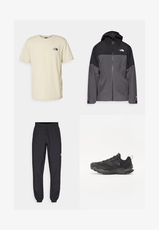 Grå vandtæt jakke med en sort overdel, lynlås foran, justerbar hætte og elastiske manchetter. Har logo på brystet og ærmet.; Lys beige bomulds t-shirt med rund hals og korte ærmer. Har et sort logo trykt på venstre brystområde. Enkel, klassisk skæring.; Sorte atletiske bukser lavet af letvægtsstof, med en snor i taljen, sidelommer og tapered manchetter ved anklerne.; Sort atletisk sko med mesh-overdel, gummisål og polstret krave. Har snørebånd, logo på siden og et tekstureret design.