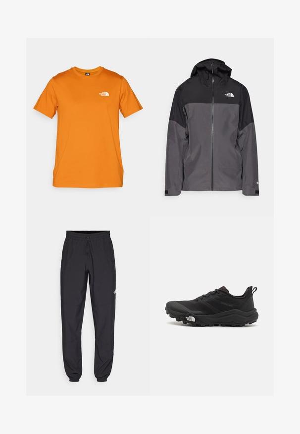 Chaqueta impermeable gris con sección superior negra, cierre frontal con cremallera, capucha ajustable y puños elásticos. Presenta un logo en el pecho y la manga.; Camiseta corta de manga naranja hecha de algodón, con un pequeño logo blanco en el lado izquierdo del pecho. Cuello redondo y dobladillo recto.; Pantalones deportivos negros hechos de un tejido ligero, con una cinturilla ajustable, bolsillos laterales y puños ajustados en los tobillos.; Zapatilla de trail running negra con upper texturizado, suela de goma y puntera reforzada. Presenta un collar acolchado y una lengüeta para poner y quitar fácilmente.