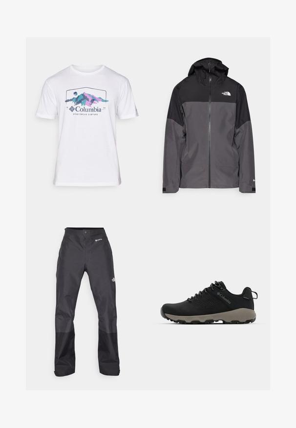 Šedá nepromokavá bunda s černou horní částí, zipem vpředu, nastavitelnou kapucí a elastickými manžetami. Na hrudi a rukávu je logo.; Bílá bavlněná tričko s grafikou hory v purpurové a tyrkysové barvě, s textem "Columbia Sportswear Company" pod návrhem.; Černé voděodolné kalhoty s hladkou texturou, na přední straně s logem GORE-TEX a s zesílenými dolními nohavicemi pro větší odolnost.; Černá turistická bota s hladkým svrškem, perforovaným designem, šedou podrážkou a zesíleným patou. Obsahuje tkaničky a poutko pro snadné obutí.