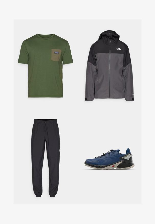 Siva vodoodbojna jakna z črnim zgornjim delom, zadrgo spredaj, nastavljivo kapuco in elastičnimi manšetami. Ima logotip na prsih in rokavih.; Patagonia DAILY POCKET TEE - Navadna majica - torrey pine green; Črne atletske hlače iz lahkega materiala, ki imajo elastični pas z vezalko, stranske žepe in zožene manšete na gležnjih.; Modra tekaška obutev za trail z teksturirano zgornjim delom, črnimi detajli in belim podplatom. Ima sistem hitrega zavezovanja in trdno zasnovo.