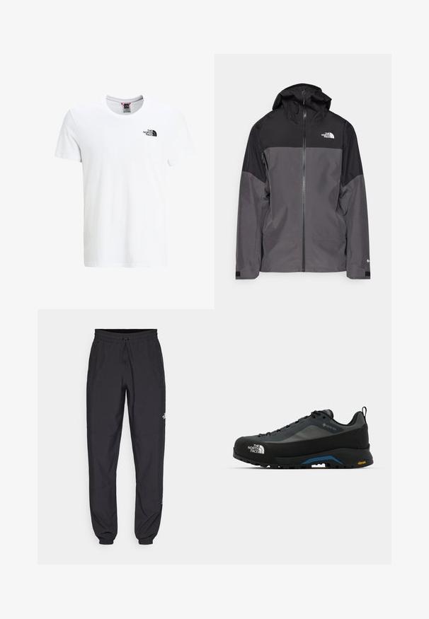 Grijze waterdichte jas met een zwart bovenstuk, een rits aan de voorkant, een verstelbare capuchon en elastische manchetten. Bevat logo op de borst en de mouw.; Witte katoenen t-shirt met korte mouwen, ronde halslijn en een klein zwart logo op de bovenste linkerborst. Soepele textuur, casual pasvorm.; Zwarte sportieve broek gemaakt van lichtgewicht stof, met een trekkoord in de taille, zijzakken en taps toelopende boorden bij de enkels.; The North Face VERTO ALPINE GORE TEX - Outdoorschoenen - asphalt grey/tnf black